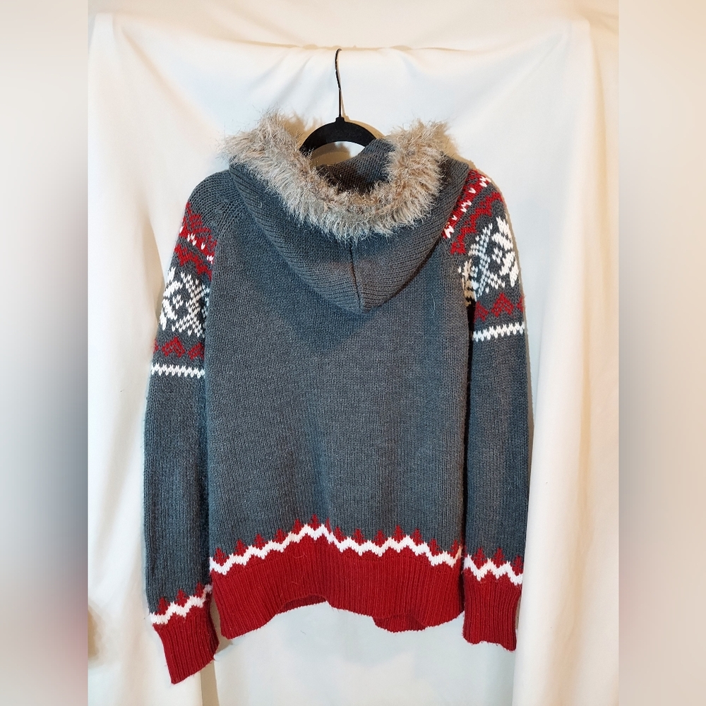 Motherhood Maternity Gray and Red Fair Isle Zip-Up Sweater With Faux Fur Trim - Picture 2 of 7
